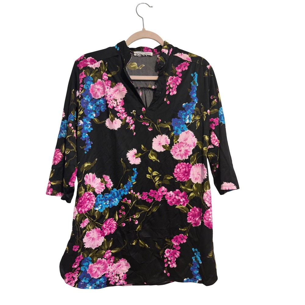 Teddi of California Tunic Top Vintage Floral Black Pink Blue Split Neck‎ M/L